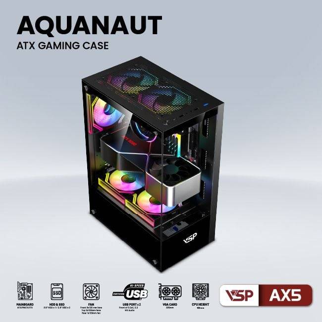 CASE VSP AX5 AQUANAUT GAMING ATX ĐEN NEW ( KHÔNG KÈM FAN) 2