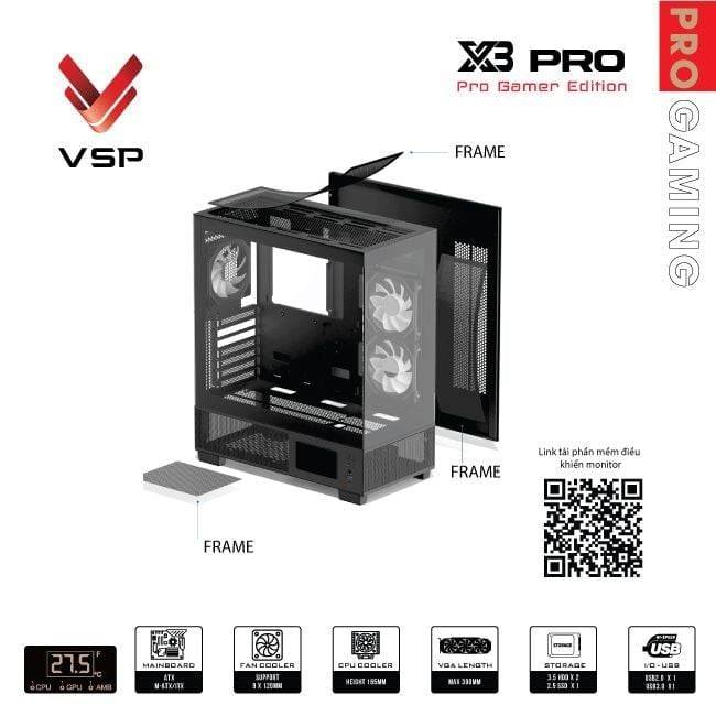 Vỏ case VSP X3 Pro Monitor Gamer Edition Đen/Black | ATX 3