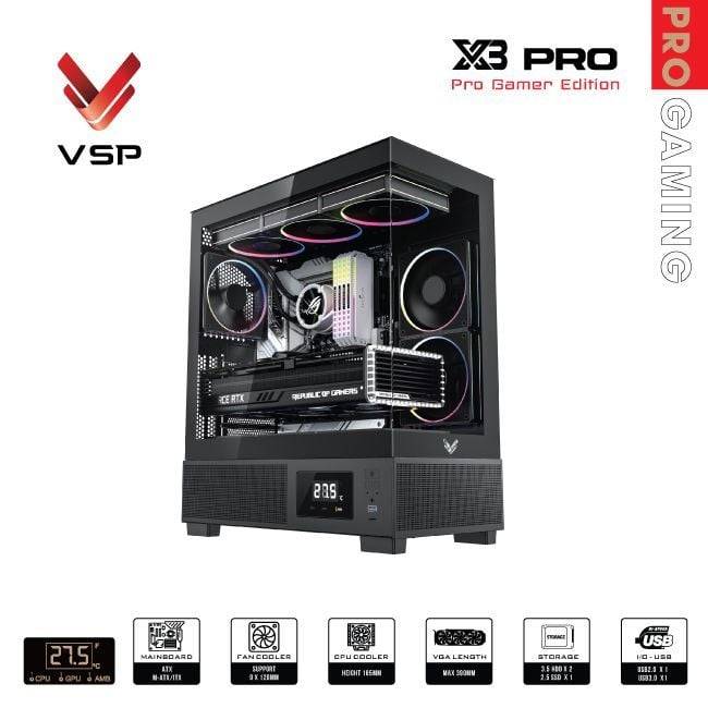 Vỏ case VSP X3 Pro Monitor Gamer Edition Đen/Black | ATX
