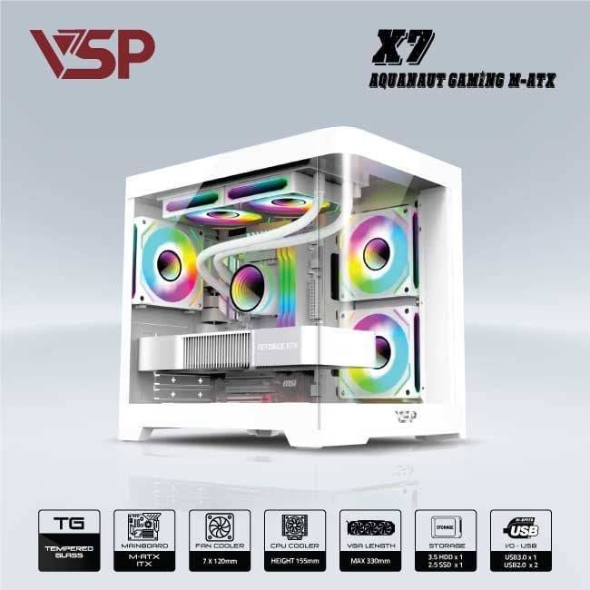 Vỏ Case VSP X7 AQUANAUT GAMING Trắng/White | Micro ATX (No FAN)