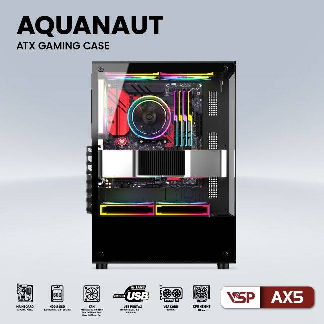 CASE VSP AX5 AQUANAUT GAMING ATX ĐEN NEW ( KHÔNG KÈM FAN) 6
