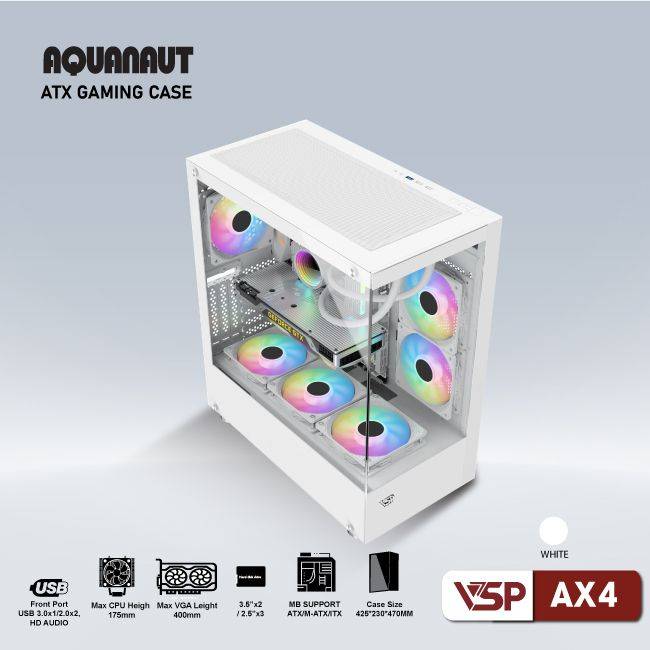 Vỏ Case VSP AX4 AQUANAUT GAMING Trắng/White | ATX (No FAN) 6