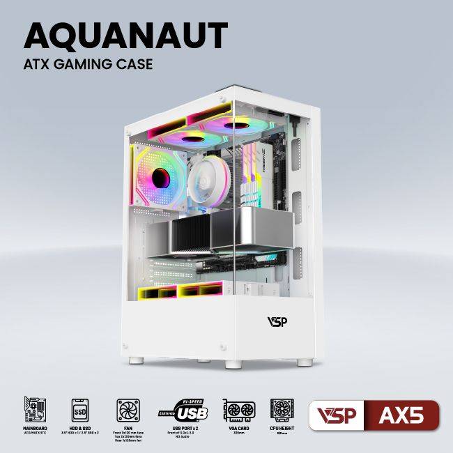 CASE VSP AX5 AQUANAUT GAMING ATX WHITE NEW ( KHÔNG KÈM FAN) 7