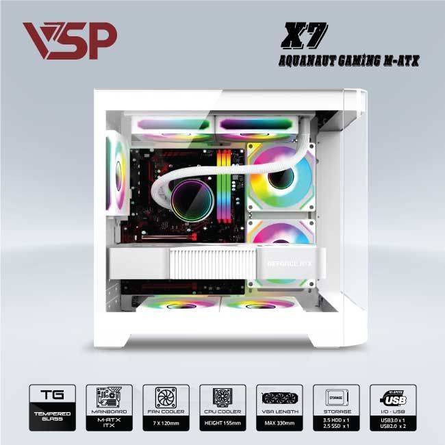 Vỏ Case VSP X7 AQUANAUT GAMING Trắng/White | Micro ATX (No FAN) 5