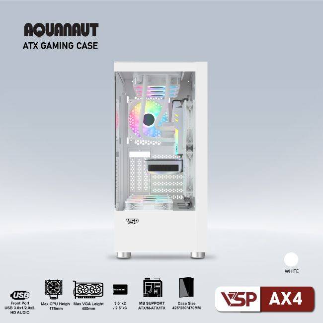 Vỏ Case VSP AX4 AQUANAUT GAMING Trắng/White | ATX (No FAN) 2