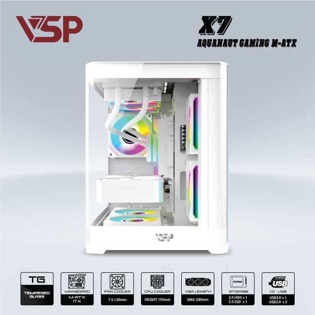 Vỏ Case VSP X7 AQUANAUT GAMING Trắng/White | Micro ATX (No FAN) 2