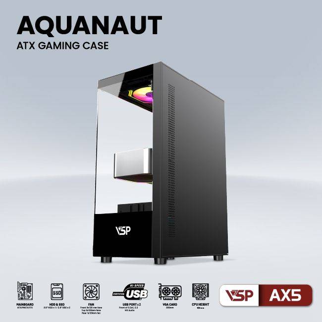 CASE VSP AX5 AQUANAUT GAMING ATX ĐEN NEW ( KHÔNG KÈM FAN) 4