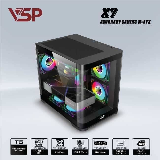 Vỏ Case VSP X7 AQUANAUT GAMING Đen/Black | Micro ATX (No FAN) 4