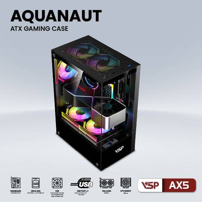 CASE VSP AX5 AQUANAUT GAMING ATX ĐEN NEW ( KHÔNG KÈM FAN) 8