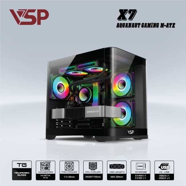 Vỏ Case VSP X7 AQUANAUT GAMING Đen/Black | Micro ATX (No FAN) 6