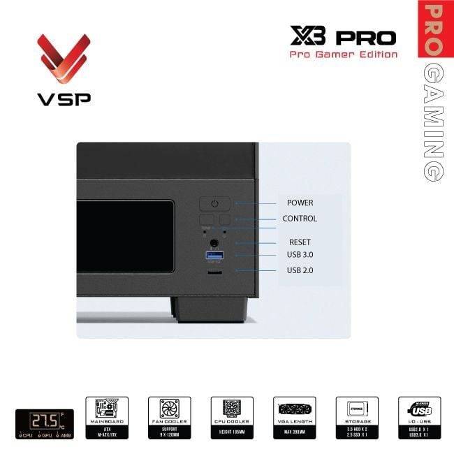 Vỏ case VSP X3 Pro Monitor Gamer Edition Đen/Black | ATX 9