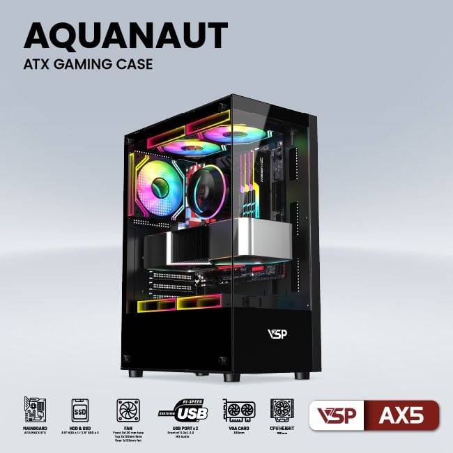 CASE VSP AX5 AQUANAUT GAMING ATX ĐEN NEW ( KHÔNG KÈM FAN) 7