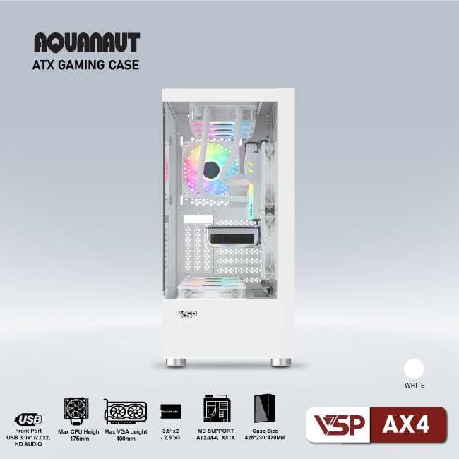 Vỏ Case VSP AX4 AQUANAUT GAMING Trắng/White | ATX (No FAN) 4