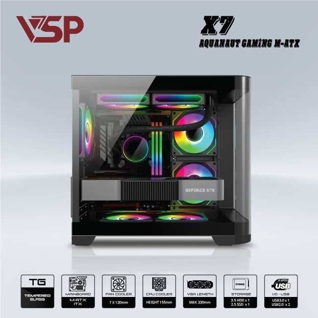 Vỏ Case VSP X7 AQUANAUT GAMING Đen/Black | Micro ATX (No FAN) 3