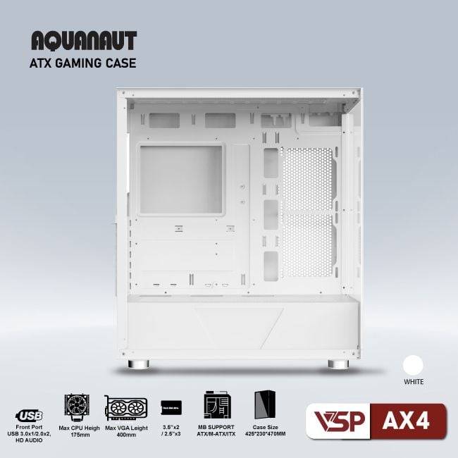 Vỏ Case VSP AX4 AQUANAUT GAMING Trắng/White | ATX (No FAN) 3