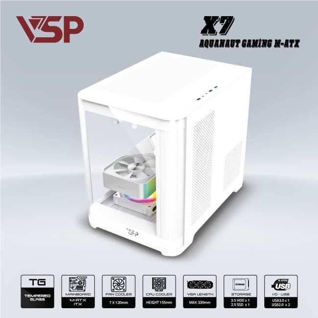 Vỏ Case VSP X7 AQUANAUT GAMING Trắng/White | Micro ATX (No FAN) 3