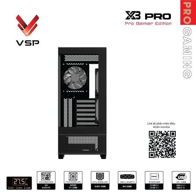 Vỏ case VSP X3 Pro Monitor Gamer Edition Đen/Black | ATX 4