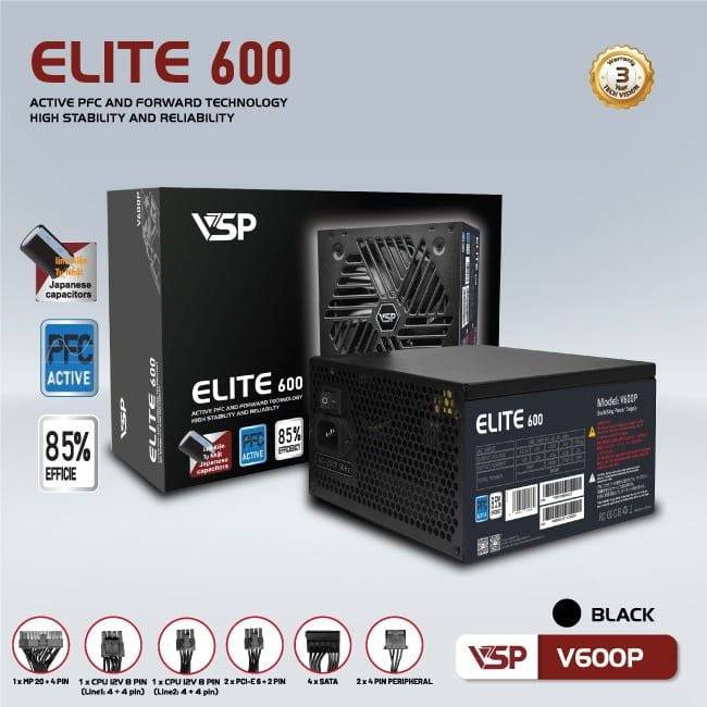 Nguồn máy tính VSP Elite Active PFC V600P - Đen | 600W, ATX 4