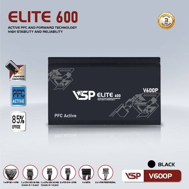 Nguồn máy tính VSP Elite Active PFC V600P - Đen | 600W, ATX 3