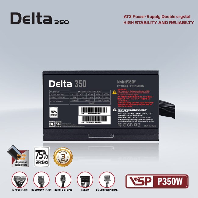 Nguồn VSP Delta P350W | 350W, cáp dẹt đen 5