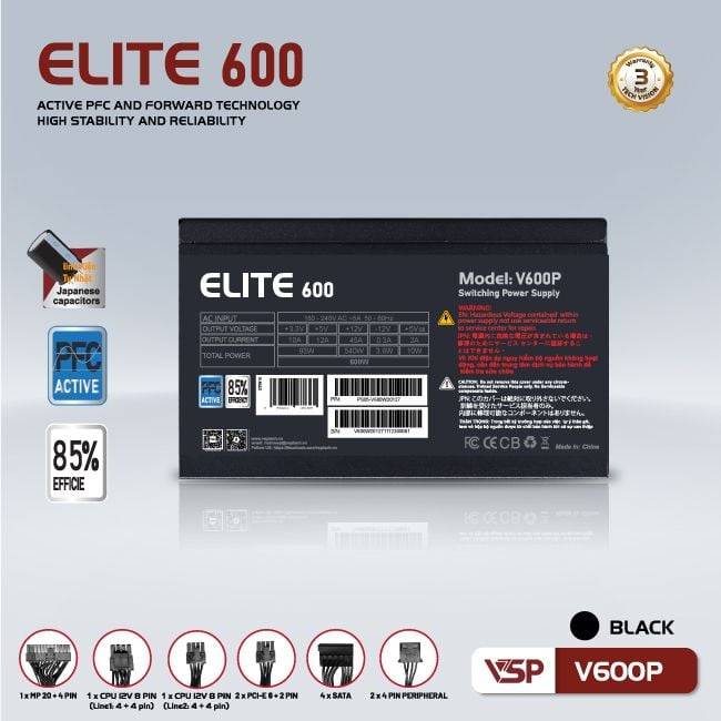 Nguồn máy tính VSP Elite Active PFC V600P - Đen | 600W, ATX 2