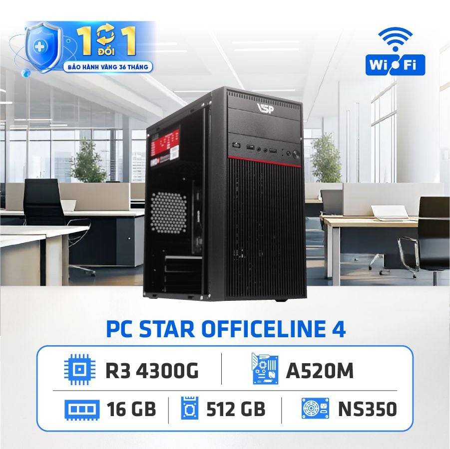 PC YNSTORE Officeline 4 | AMD R3 4300G, Ram 16GB, SSD 512, WIFI + BT (R34316S512W)