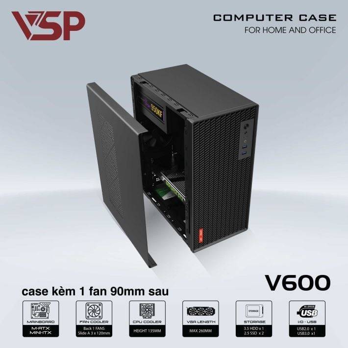 Thùng máy văn phòng VSP V600 | Kèm sẵn 1 fan 90mm, thép 0.8mm 5