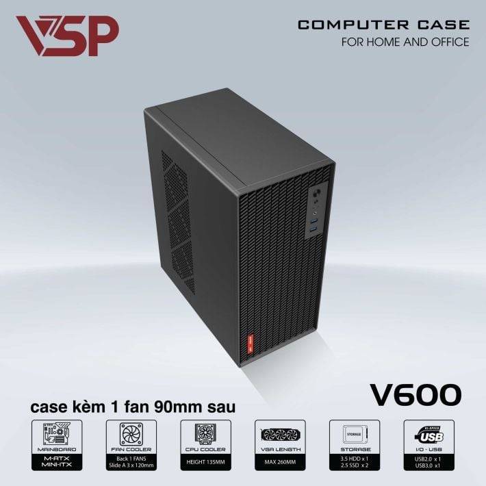 Thùng máy văn phòng VSP V600 | Kèm sẵn 1 fan 90mm, thép 0.8mm