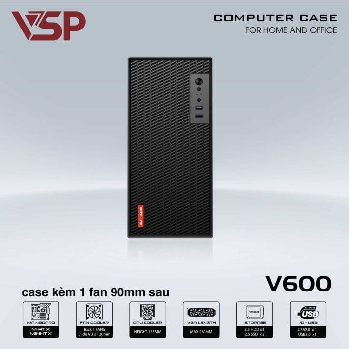 Thùng máy văn phòng VSP V600 | Kèm sẵn 1 fan 90mm, thép 0.8mm 3