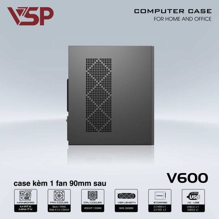 Thùng máy văn phòng VSP V600 | Kèm sẵn 1 fan 90mm, thép 0.8mm 6