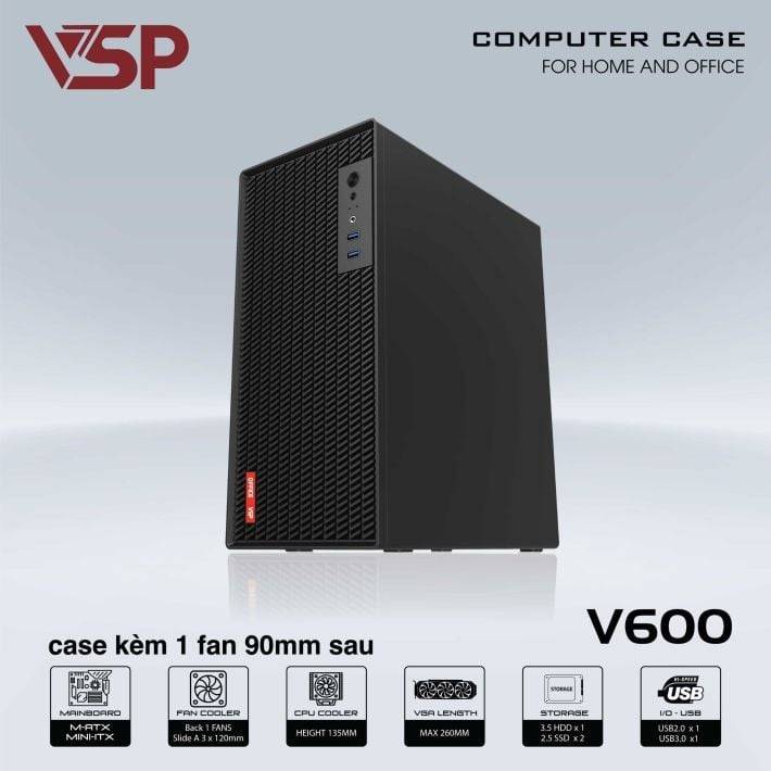 Thùng máy văn phòng VSP V600 | Kèm sẵn 1 fan 90mm, thép 0.8mm 7